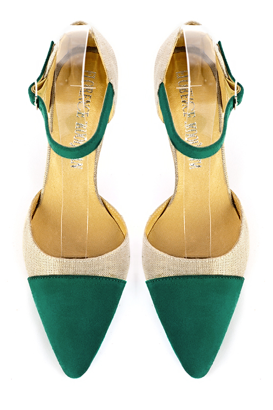 Emerald green and gold women's open side shoes, with an instep strap. Tapered toe. Medium comma heels. Top view - Florence KOOIJMAN